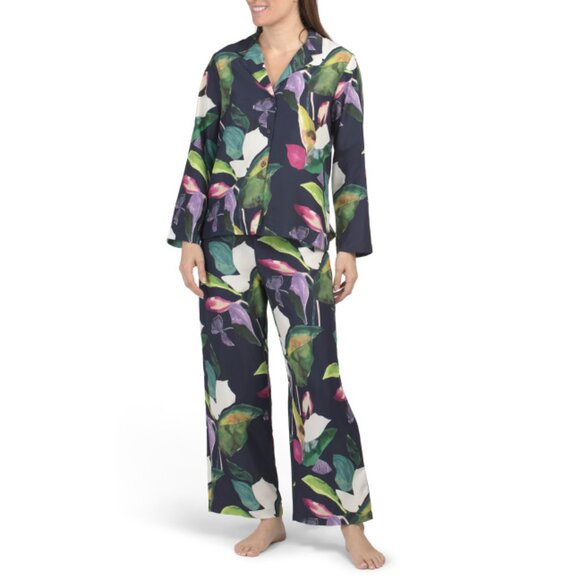 NATORI Navy Daido Pajama Notch Collar Top And Pants Set - Picture 1 of 2
